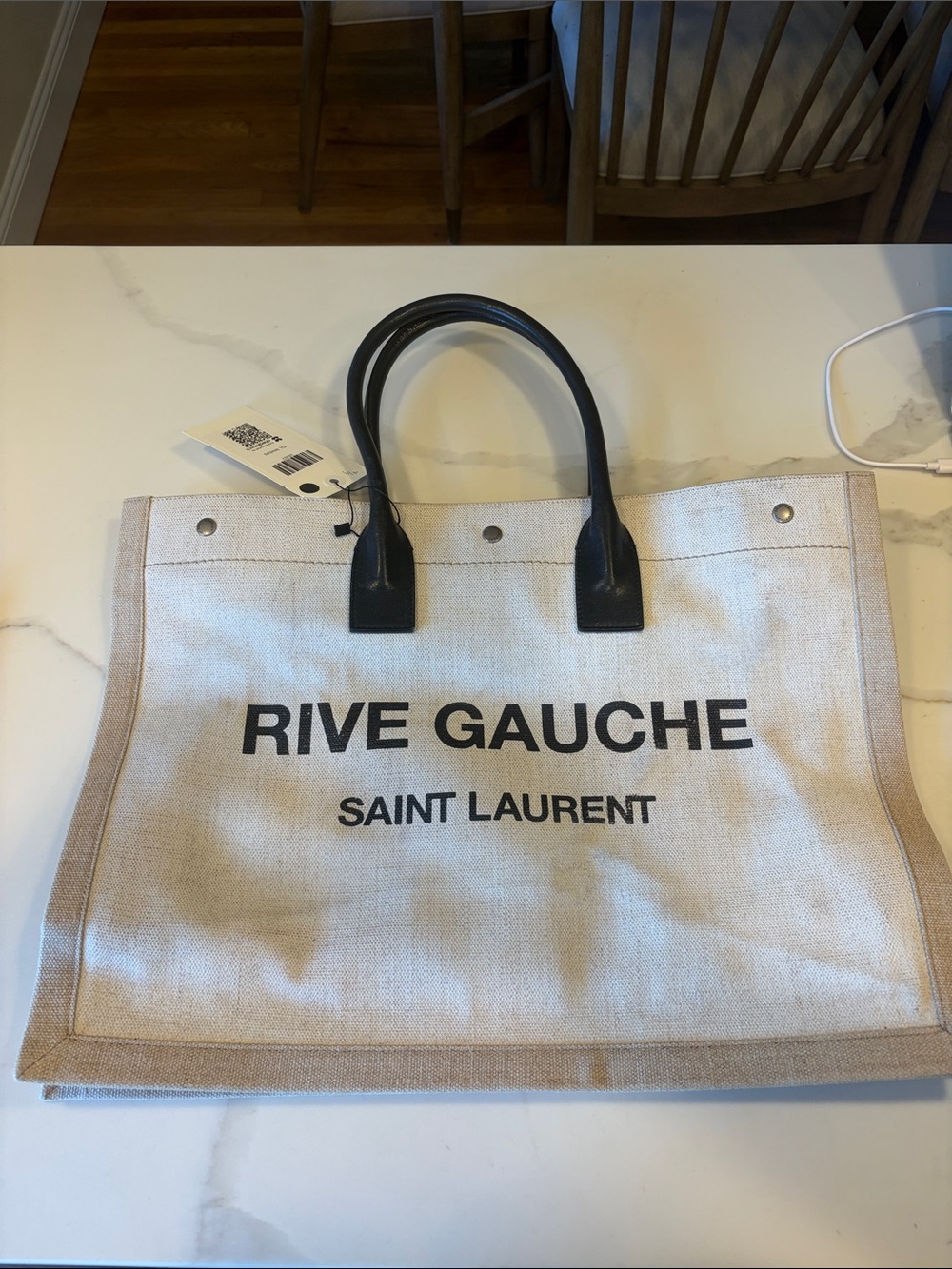 Saint Laurent Beige Canvas Rive Gauche Tote with Black Handles